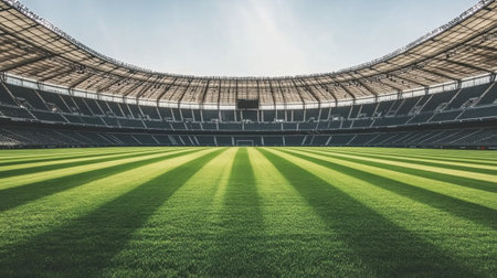 Captivating view of an open stadium featuring a lush green field, bright sunlight, and modern architectural design, perfect for sports enthusiasts.の素材