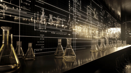 A modern laboratory setup featuring glassware and scientific diagrams on the wall, perfect for illustrating research and experimentation themes.の素材