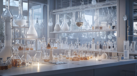 A bright and modern laboratory filled with various glassware and scientific equipment. Ideal for themes of research, experimentation, and innovation in science.の素材