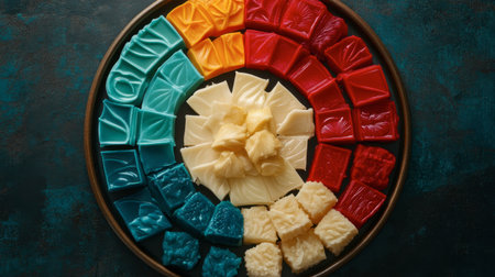A vibrant platter featuring an array of colorful cheeses, showcasing rich textures and enticing hues arranged in a circular design, perfect for gatherings.の素材