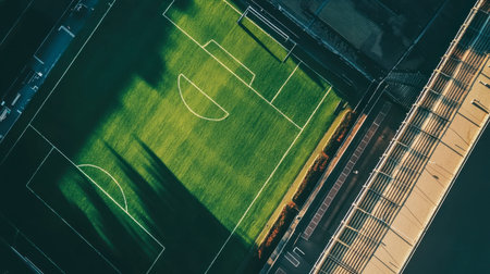 A stunning aerial view of a green soccer field showcasing bright grass and well-defined lines, with dramatic shadows creating beautiful patterns in daylight.の素材