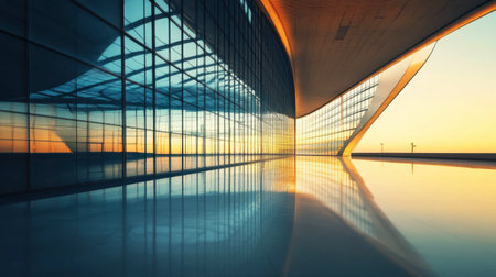 Captivating modern architecture showcases a stunning sunset reflection against glass surfaces, highlighting contemporary design and vibrant colors in an urban setting.の素材