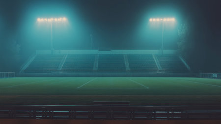 An empty stadium illuminated by bright lights creates a serene and mysterious atmosphere under a layer of mist, perfect for capturing quiet sports settings.の素材