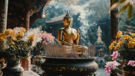 A golden Buddha statue sits gracefully amidst colorful flowers and fragrant incense, creating a tranquil atmosphere perfect for meditation and reflection.の素材
