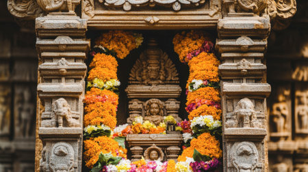 This photo captures an ornate temple beautifully adorned with vibrant flowers. The intricate stonework reflects spirituality and cultural heritage in a serene setting.の素材