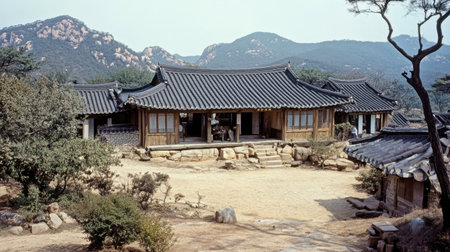 A serene view of a traditional Korean house set against a mountainous backdrop. This rustic architecture reflects rich cultural heritage in a tranquil environment.の素材