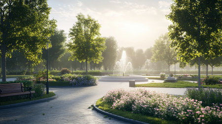A tranquil park setting featuring a beautiful fountain surrounded by lush greenery and colorful flowers, ideal for relaxation and enjoyment in nature.の素材