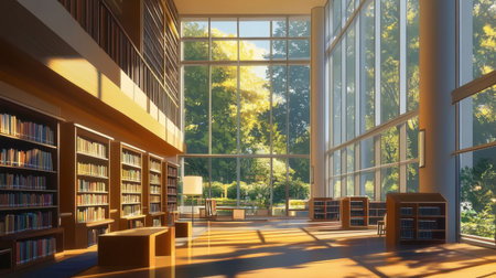A bright and airy library filled with natural light, showcasing modern architecture and tall glass windows. Perfect for reading and studying in a serene environment.の素材