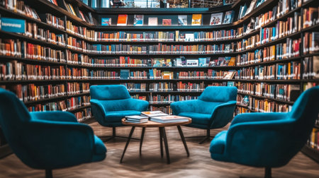 A cozy library corner featuring soft blue chairs around a wooden table, surrounded by vibrant bookshelves. Ideal for reading and relaxation.の素材