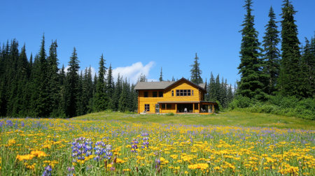 A beautiful yellow house surrounded by a vibrant field of wildflowers under a clear blue sky. Perfect for showcasing nature and rural living.の素材