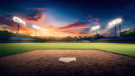 A stunning view of a baseball field at sunset, featuring vibrant colors and bright stadium lights illuminating the lush green grass, perfect for sport-themed visuals.の素材