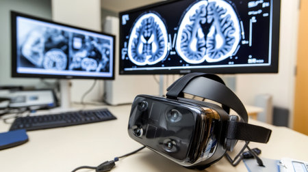 A virtual reality headset placed on a table in a medical setting, surrounded by computer monitors displaying detailed brain scans, emphasizing technology in healthcare.の素材