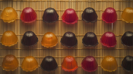 A vibrant display of colorful jelly desserts arranged neatly on a bamboo background. Perfect for illustrating festive occasions, events, and snacks.の素材