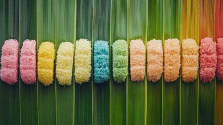 A vibrant arrangement of fluffy, colorful fur textures laid on a lush green background, creating a cheerful and artistic visual ideal for various projects.の素材