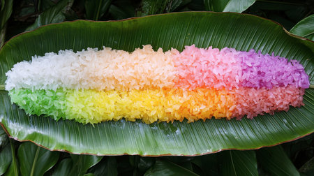 A vibrant display of colorful rice arranged in stripes on a green leaf plate, showcasing creativity and freshness, perfect for culinary events and decorations.の素材