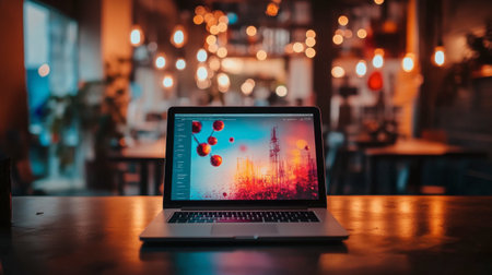 A warm and inviting workspace featuring a laptop, ambient lights, and a cozy atmosphere. Perfect for showcasing modern technology in a creative setting.の素材