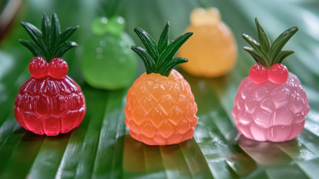 A vibrant display of colorful fruit-shaped jelly candies resting on lush green leaves, perfect for tropical-themed events and delightful treats.の素材