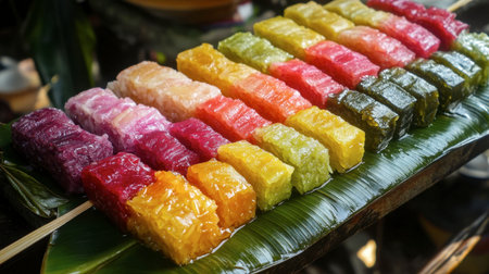 A beautiful array of colorful rice desserts displayed on a banana leaf. These traditional treats offer a vibrant feast for the eyes and a delicious taste experience. Perfect for festivals or markets.の素材