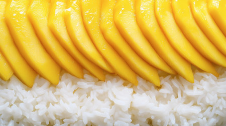 A vibrant arrangement of fresh mango slices atop sweet rice, creating a delightful tropical dessert. Perfect for food lovers seeking exotic flavors.の素材