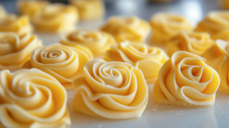 Delightful yellow rose shaped fondant decorations perfect for cakes and desserts, showcasing intricate detail and artistry for any special occasion.の素材