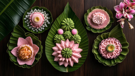 A stunning display of colorful artisanal cakes adorned with floral designs, elegantly arranged on green leaves. Perfect for food art inspiration.の素材