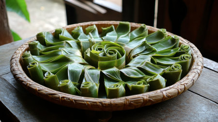 This image showcases an artistic arrangement of rolled green leaves presented in a woven basket, highlighting the beauty of nature and traditional craftsmanship.の素材