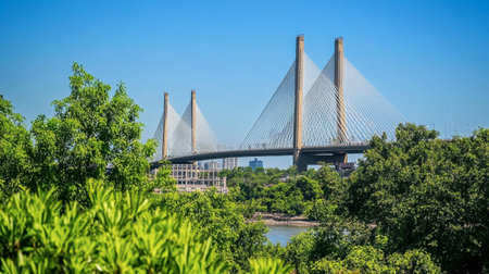Beautiful cable-stayed bridge surrounded by lush greenery under a clear blue sky. A perfect blend of nature and modern architecture showcasing urban life.の素材