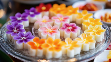 A stunning arrangement of colorful floral desserts, featuring vibrant edible flowers beautifully crafted, perfect for celebrations and special occasions.の素材