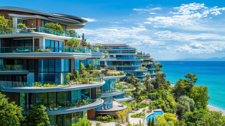 Stunning modern apartment complex by the coast, featuring sleek architecture, lush gardens, and breathtaking ocean views, perfect for luxury living near serene beaches.の素材