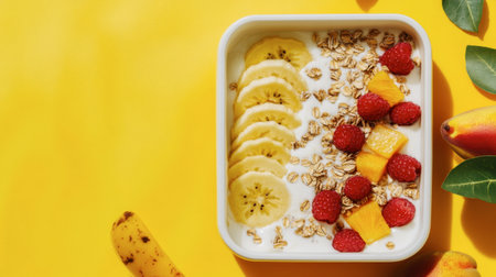 A delightful breakfast bowl featuring sliced bananas, juicy raspberries, and mango, complemented by crispy granola, all set against a vibrant yellow backdrop.の素材