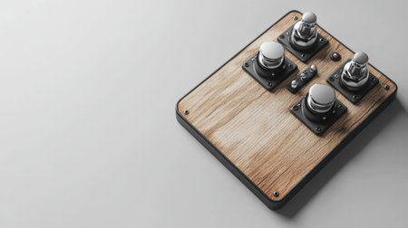 A sophisticated wooden control panel featuring sleek metal buttons and switches, ideal for showcasing modern technology and innovative engineering solutions in creative projects.の素材