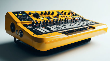 A striking bright yellow synthesizer keyboard featuring a range of controls, perfect for modern music production and creating electronic sounds in a stylish studio environment.の素材
