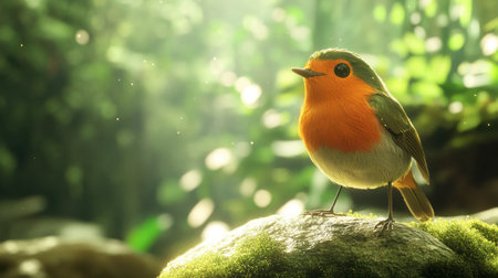 This captivating image showcases a vibrant orange-breasted bird perched on a mossy rock, surrounded by soft sunlight and a dreamy forest backdrop, highlighting nature's beauty.の素材