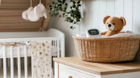 This charming nursery features a soft teddy bear in a wicker basket, a baby monitor, and a stylish crib, creating a serene atmosphere perfect for new parents.の素材