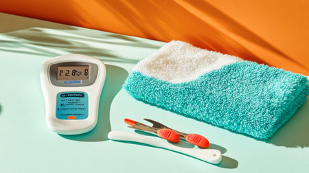 A brightly colored thermometer next to a fluffy towel and scissors captures a modern and clean home environment, ideal for health and grooming contexts.の素材