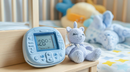 A cozy nursery featuring a blue clock and a soft crochet toy, creating a peaceful environment for infants. Perfect setting for baby care and relaxation.の素材