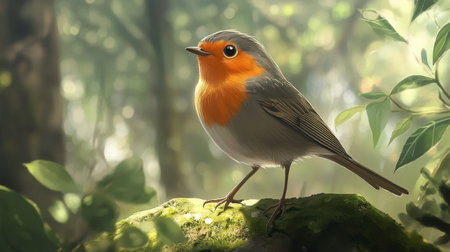 A delightful small bird stands gracefully on a mossy rock, surrounded by lush greenery, embodying the vibrancy of forest life and the beauty of nature.の素材