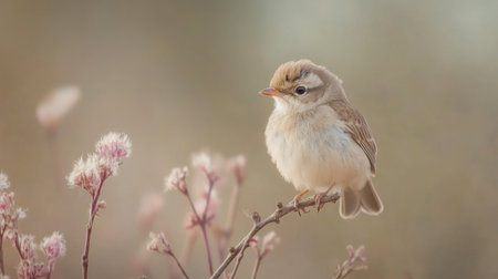 A beautiful young bird perches on a slender branch surrounded by soft pastel flowers, embodying tranquility in a serene natural environment. Perfect for nature enthusiasts.の素材