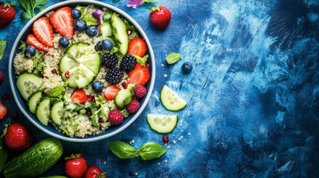 A vibrant salad bowl filled with fresh strawberries, blueberries, cucumbers, and herbs, set against a textured blue background, perfect for promoting healthy eating and culinary delight.の素材