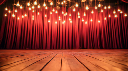 A nostalgic theater stage featuring timeless curtains, Edison bulb strings, and gleaming wooden floors under soft light.の素材