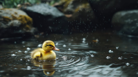 A duckling enjoying a light drizzle as tiny raindrops ripple across a nearby pond.の素材