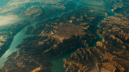 A birds-eye view of the Gorges du Verdon, showcasing its intricate network of cliffs, river, and hiking trails.の素材