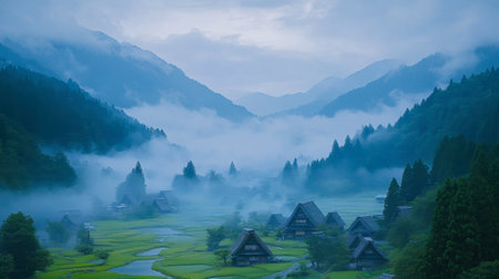 The tranquil beauty of Ouchi-juku village on a foggy morning, enhancing its historic and timeless atmosphere.の素材
