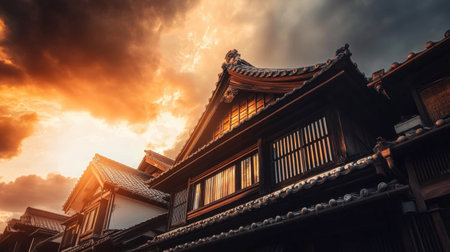 The unique architecture of Ouchi-juku village, with its preserved Edo-period aesthetic, under a dramatic sky.の素材