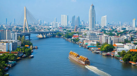 A stunning view of a vibrant cityscape featuring a river, modern architecture, and a boat cruising along the water under a clear blue sky. Perfect for travel and urban lifestyle themes.の素材