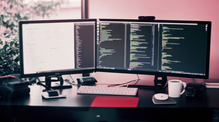 A modern workspace featuring dual monitors with code on display, a coffee mug, and greenery, ideal for productivity and creativity in tech environments.の素材