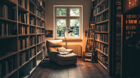 A cozy reading nook featuring a comfortable chair beside a sunlit window and expansive bookshelves, perfect for relaxation and inspiration.の素材
