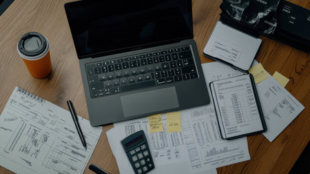A modern workspace featuring a laptop, financial documents, and a cup of coffee. Ideal for business, productivity, and office settings.の素材