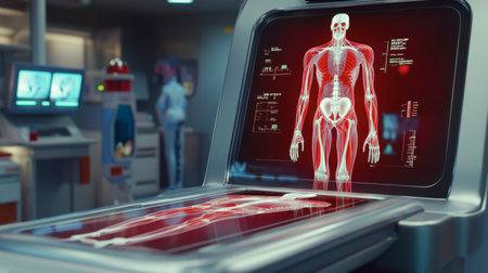 A state-of-the-art medical imaging device displays a detailed holographic view of human anatomy, showcasing advanced technology in a modern laboratory.の素材