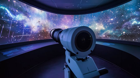 A telescope positioned in a room showcasing a stunning cosmic display, highlighting the beauty and vastness of the universe for educational exploration.の素材